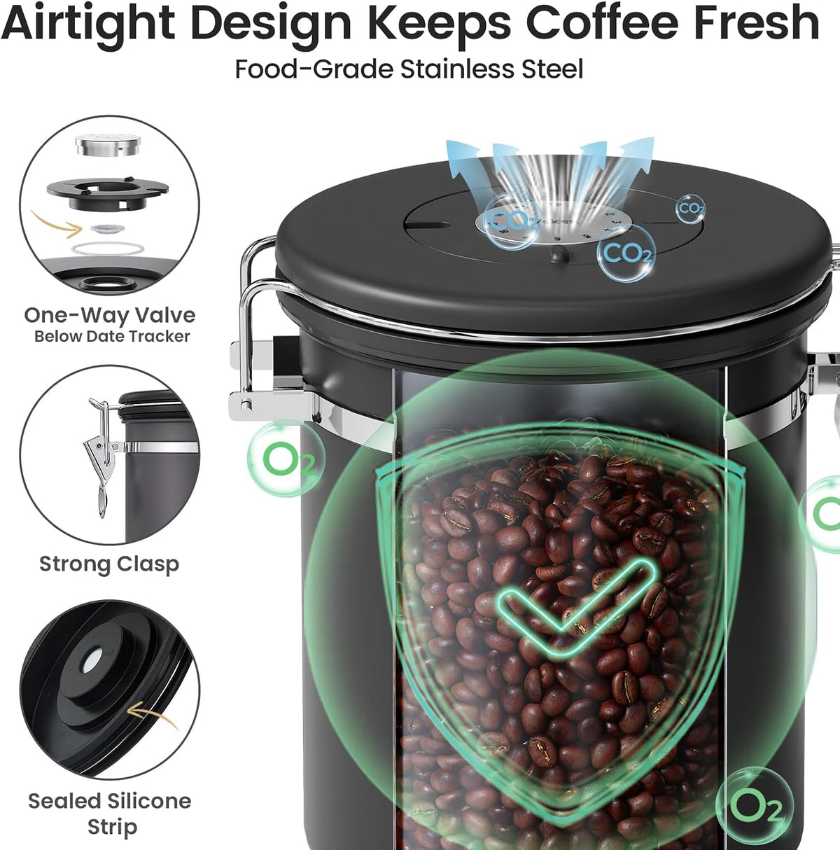 Veken Airtight Coffee Canister with Window 22oz – Black