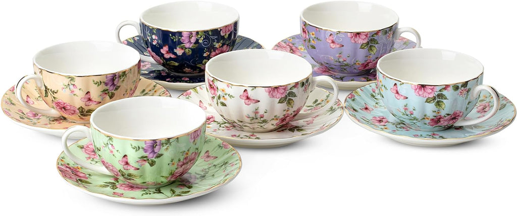 Floral Porcelain Tea Cups & Saucers Set of 6 – Midnight Blue