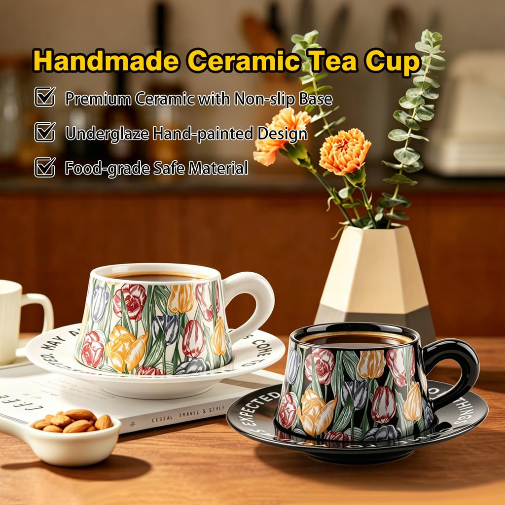 Bone China Floral Tea Cup & Saucer Set with Spoon – 7 oz