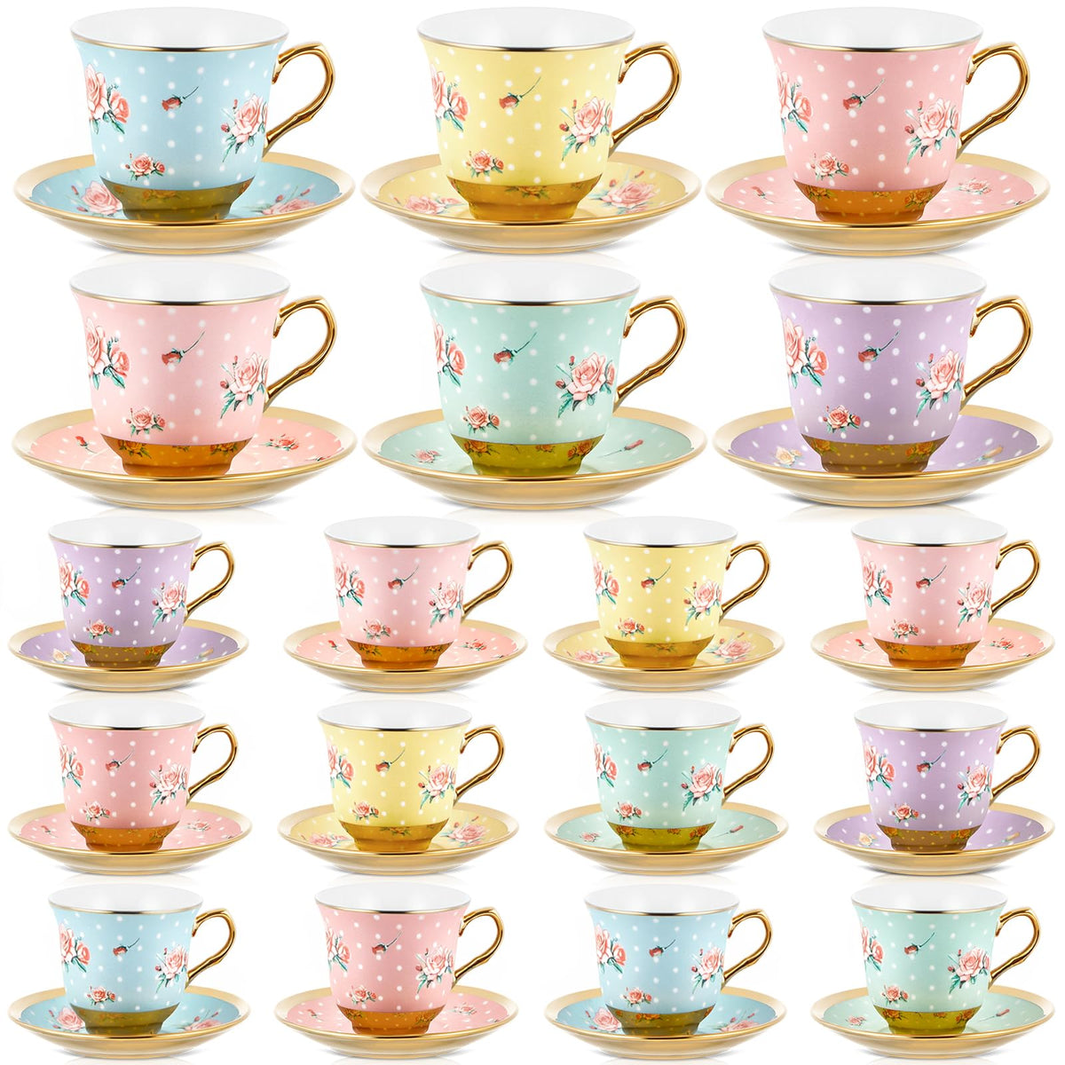 Floral Porcelain Tea Cups & Saucers Set of 18 – 6 Patterns, 5.4 oz