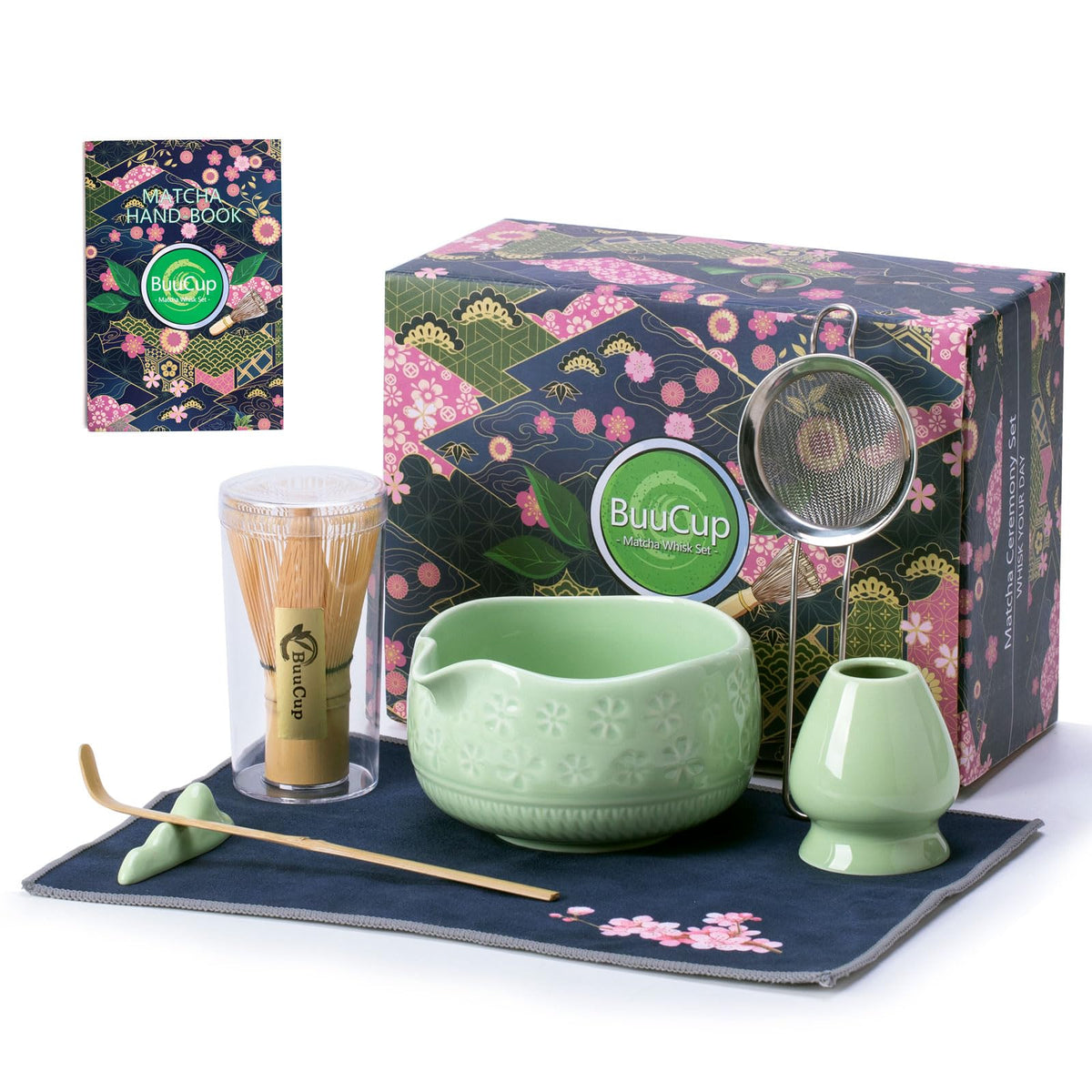 Buucup 7-Piece Green Ceramic Matcha Set – Bowl, Bamboo Whisk, Scoop, Holder, Rest, Sifter & Tea Towel