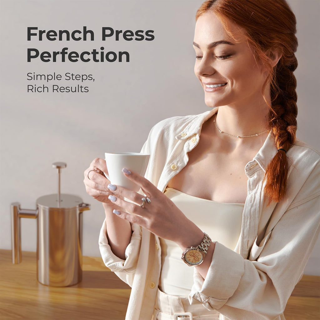 MuellerLiving French Press Coffee Maker – 34oz, Stainless Steel, 4-Filter