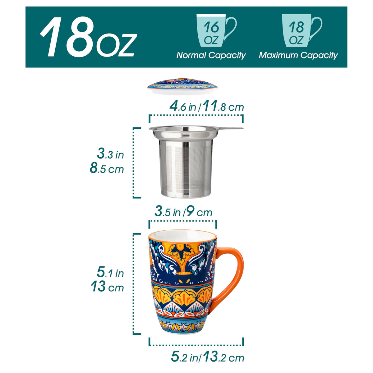 Ceramic Tea Infuser Mug with Lid, 18 oz – Bohemian Forest Daisy Pattern, Microwave & Dishwasher Safe