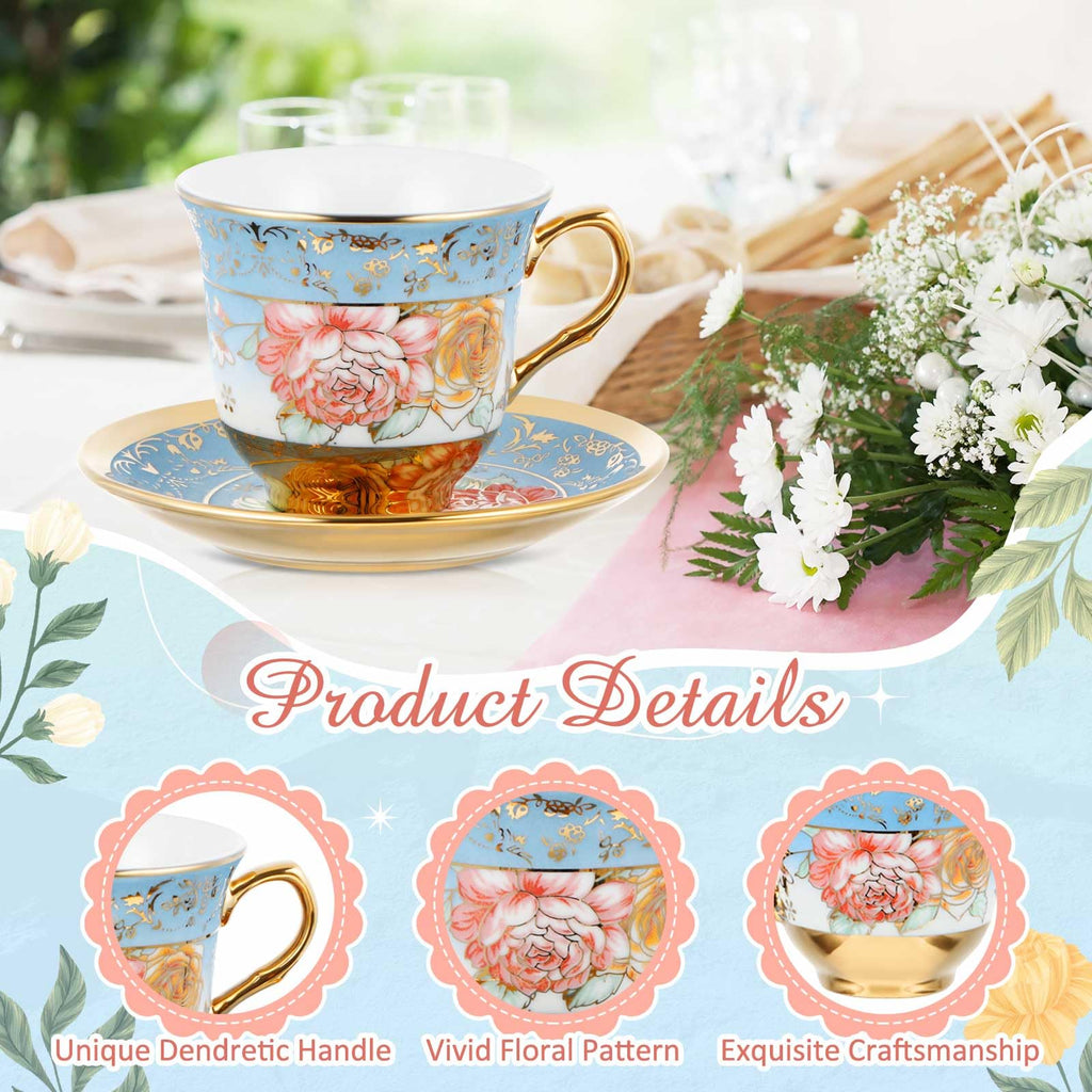 Floral Porcelain Tea Cups & Saucers Set of 18 – 6 Patterns, 5.4 oz