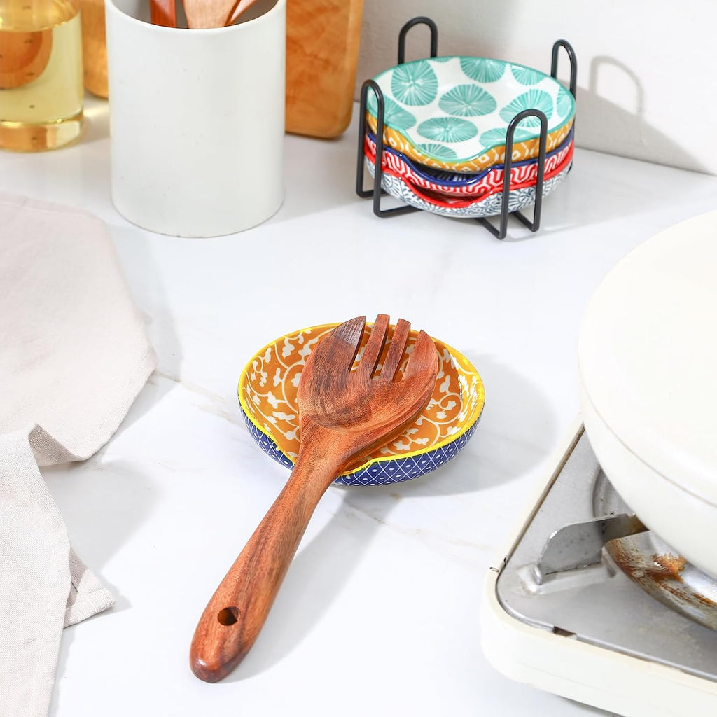 Selamica Ceramic Spoon Rest Set of 4 with Metal Holder – 4.8", Assorted Colors