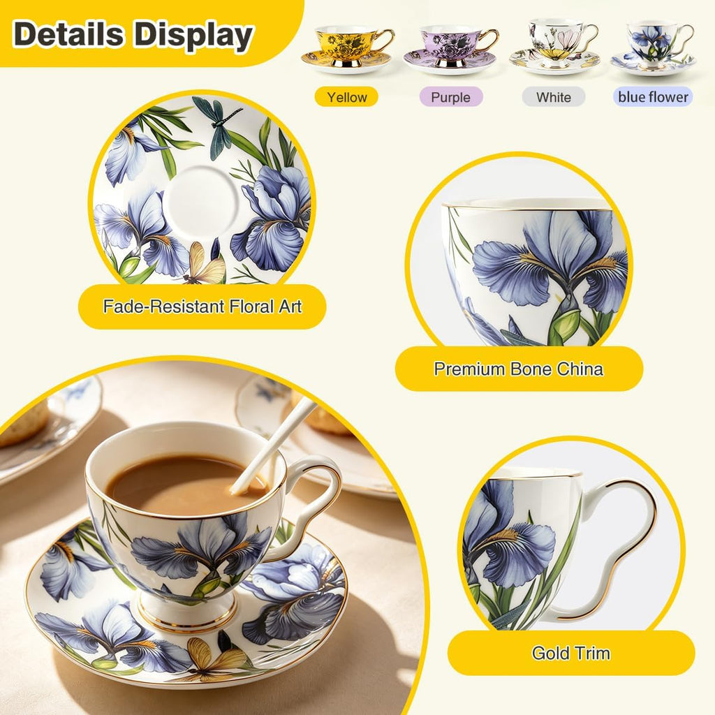 Bone China Floral Tea Cup & Saucer Set with Spoon – 7 oz