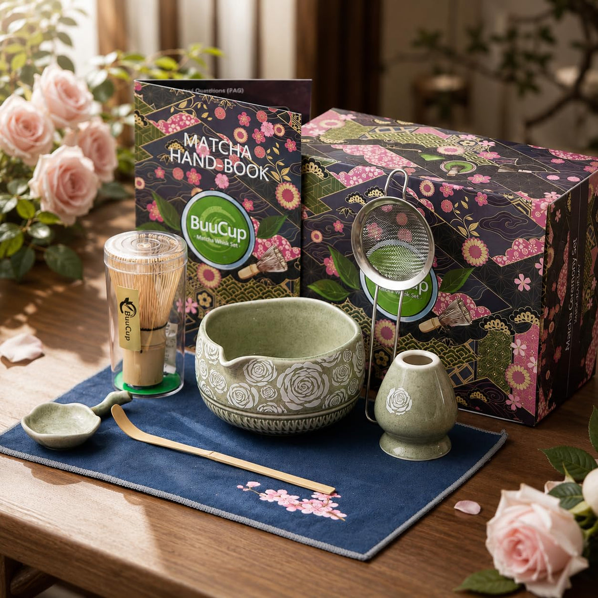 Buucup 7-Piece Green Ceramic Matcha Set – Bowl, Bamboo Whisk, Scoop, Holder, Rest, Sifter & Tea Towel