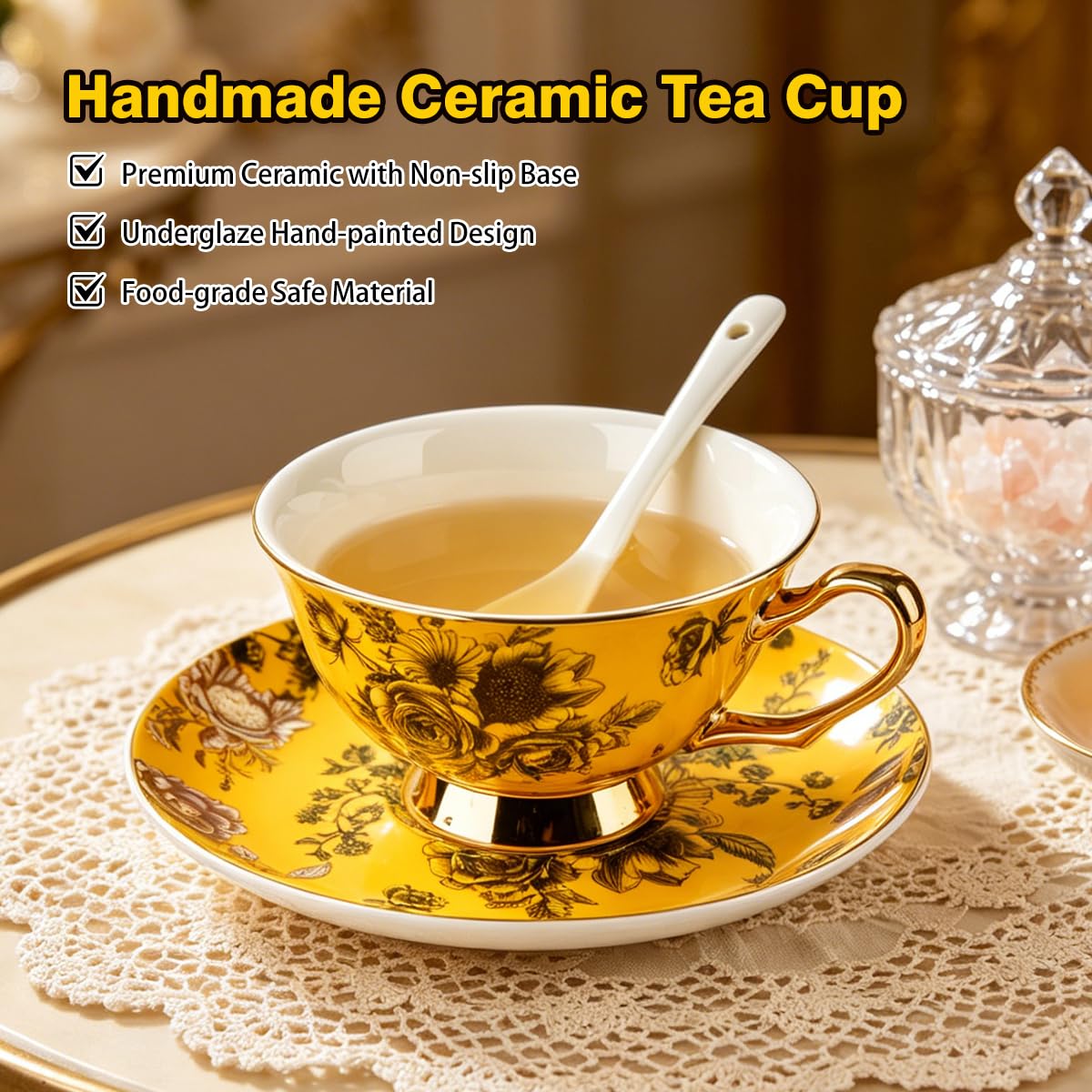 Bone China Floral Tea Cup & Saucer Set with Spoon – 7 oz