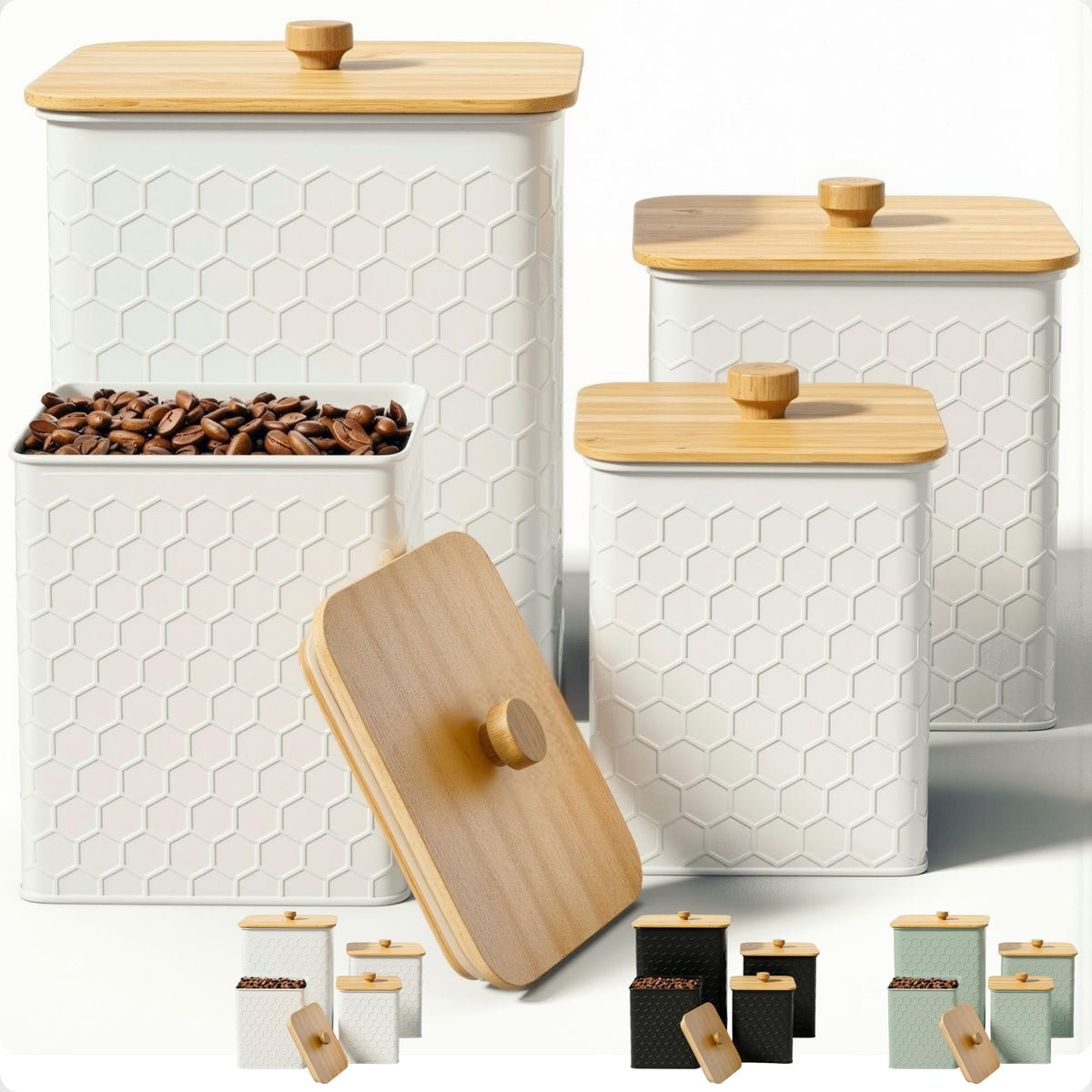 Honeycomb Metal Kitchen Canister Set of 4 – Airtight Bamboo Lids, Matte Black, 1.25–6.5 qt