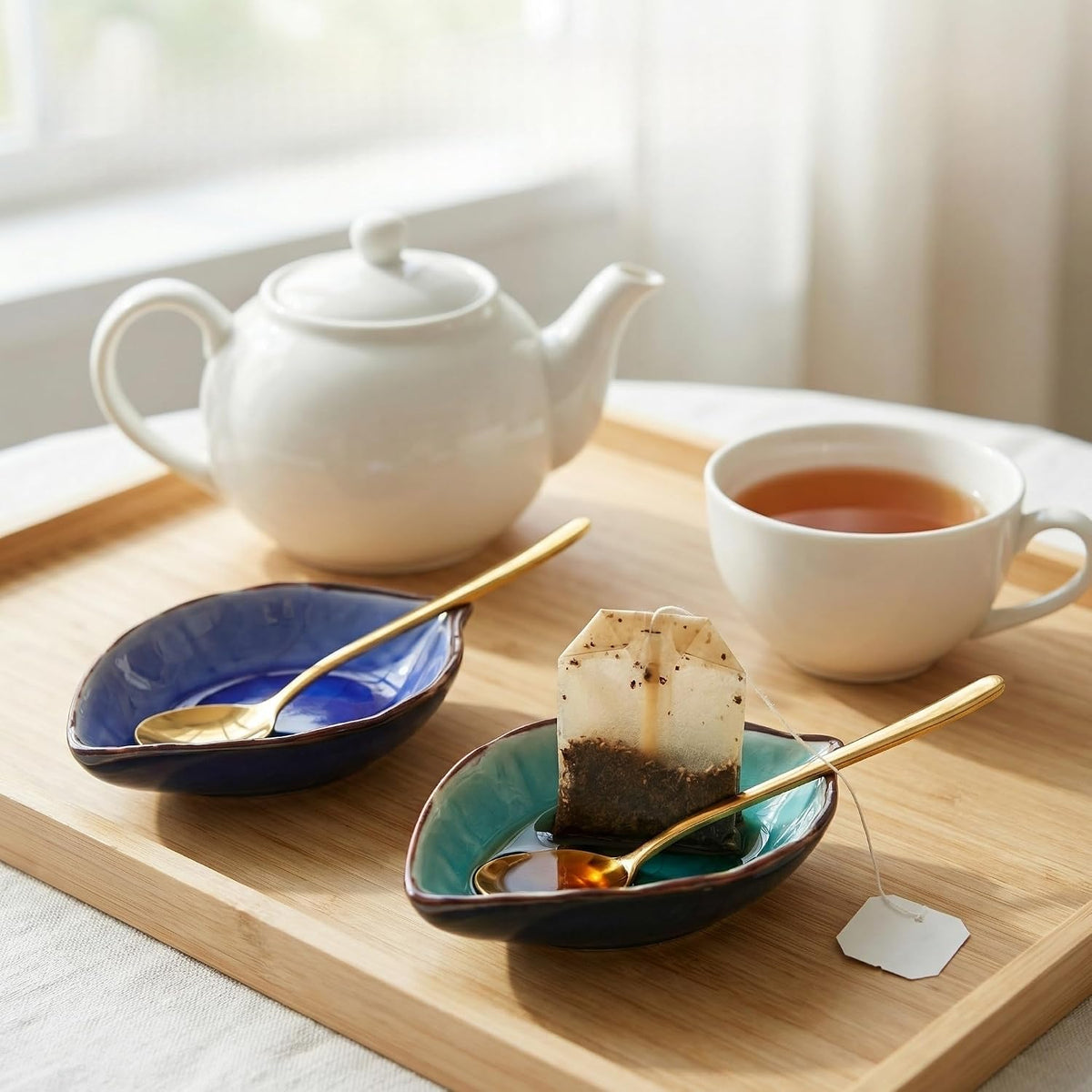 Ceramic Leaf Spoon Rest & Tea Bag Holder Set – Ice-Cracked Glaze, 2 Gold Spoons Included