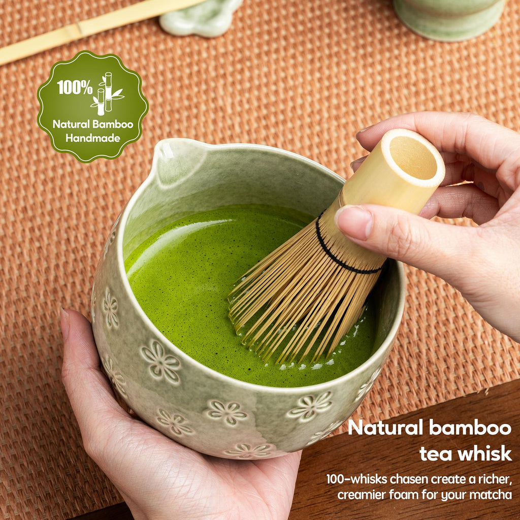 6-Piece Ceramic Matcha Set – Blue Cherry Blossom Bowl, 100-Prong Whisk, Scoop & Sifter