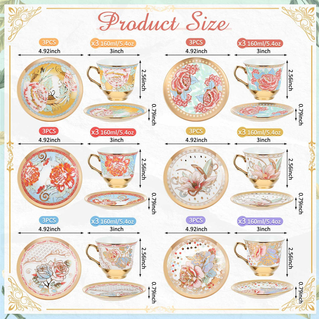 Floral Porcelain Tea Cups & Saucers Set of 18 – 6 Patterns, 5.4 oz