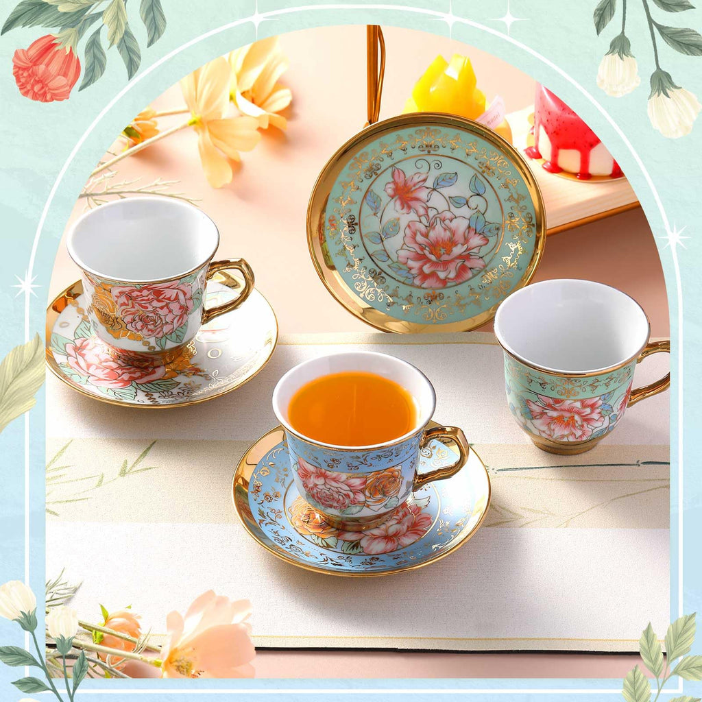 Floral Porcelain Tea Cups & Saucers Set of 18 – 6 Patterns, 5.4 oz