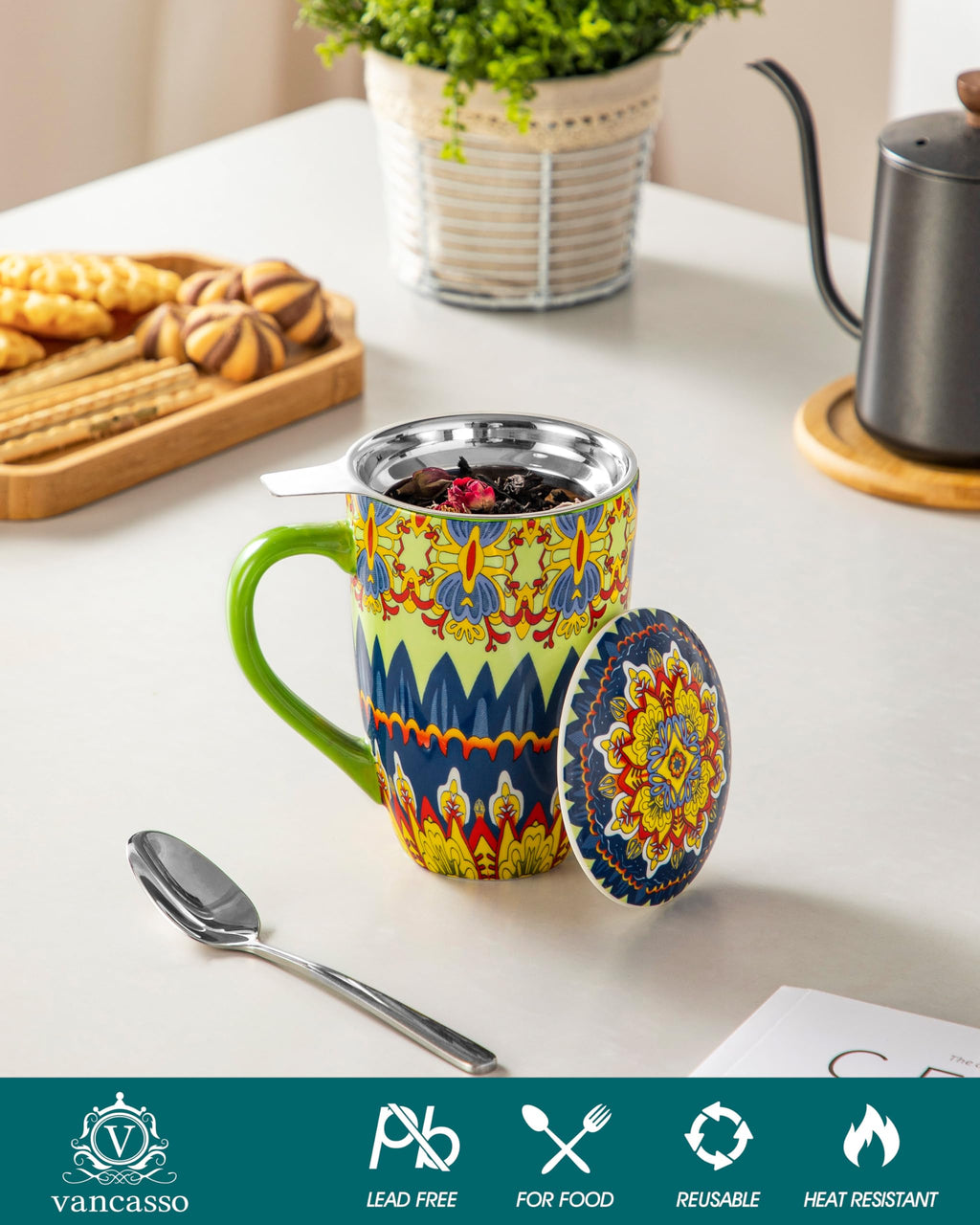 Ceramic Tea Infuser Mug with Lid, 18 oz – Bohemian Forest Daisy Pattern, Microwave & Dishwasher Safe