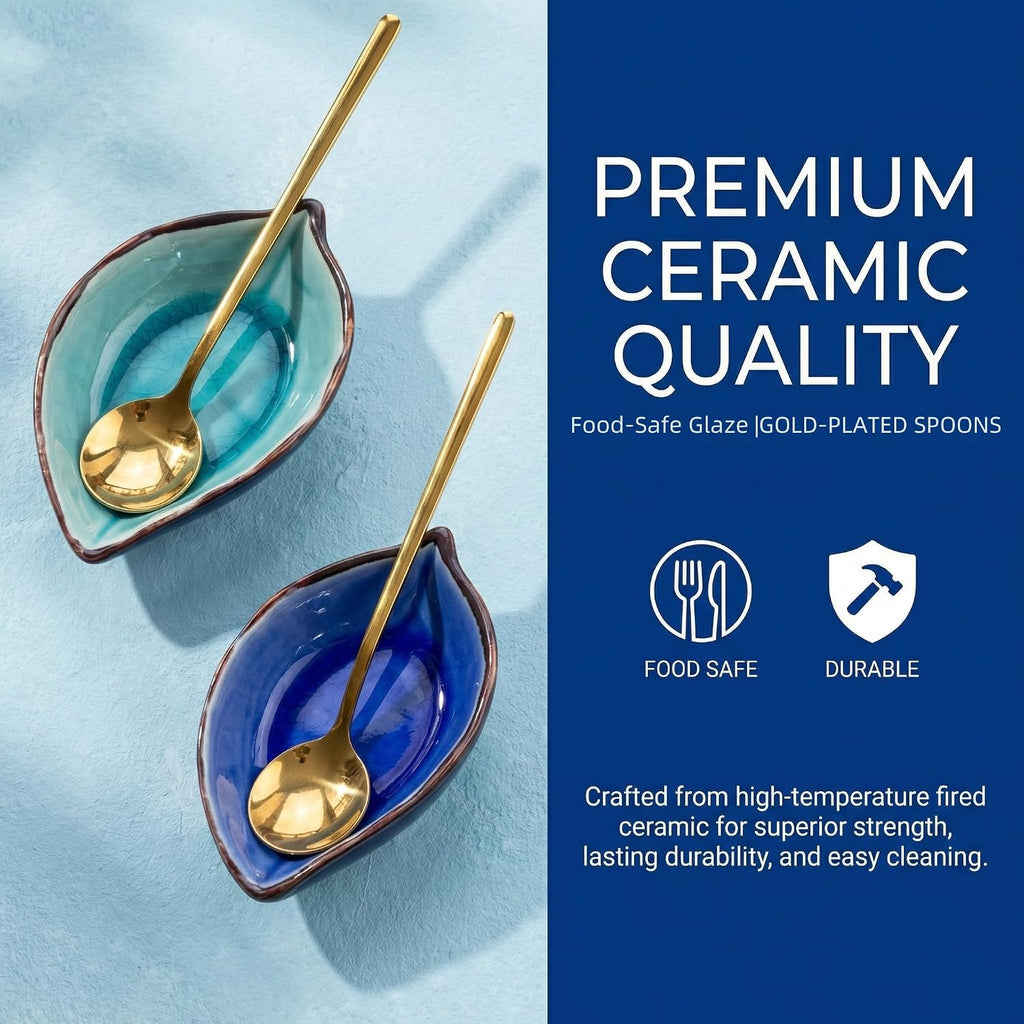 Ceramic Leaf Spoon Rest & Tea Bag Holder Set – Ice-Cracked Glaze, 2 Gold Spoons Included