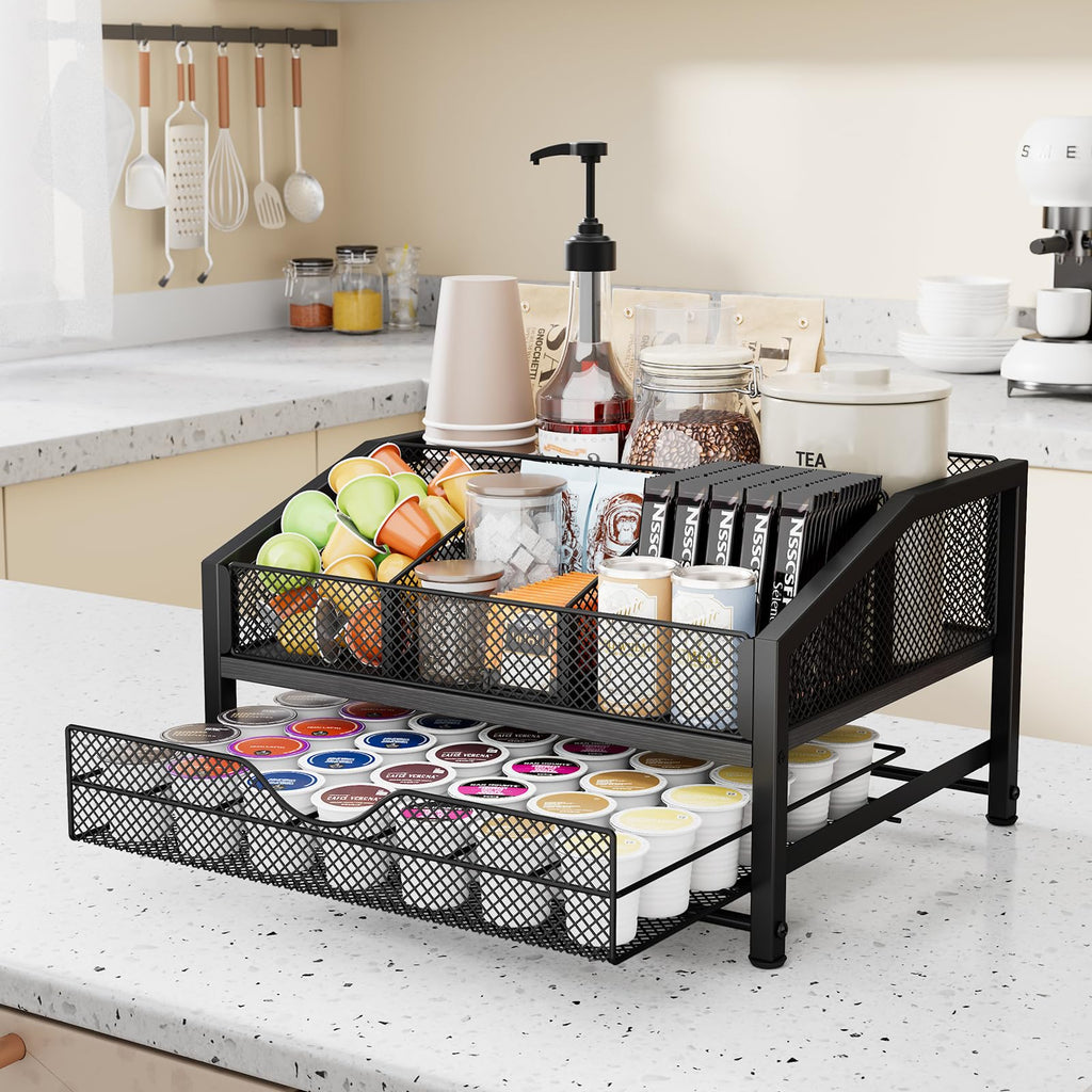Homsorout Coffee Bar Organizer – Metal & Wood, Black and Brown
