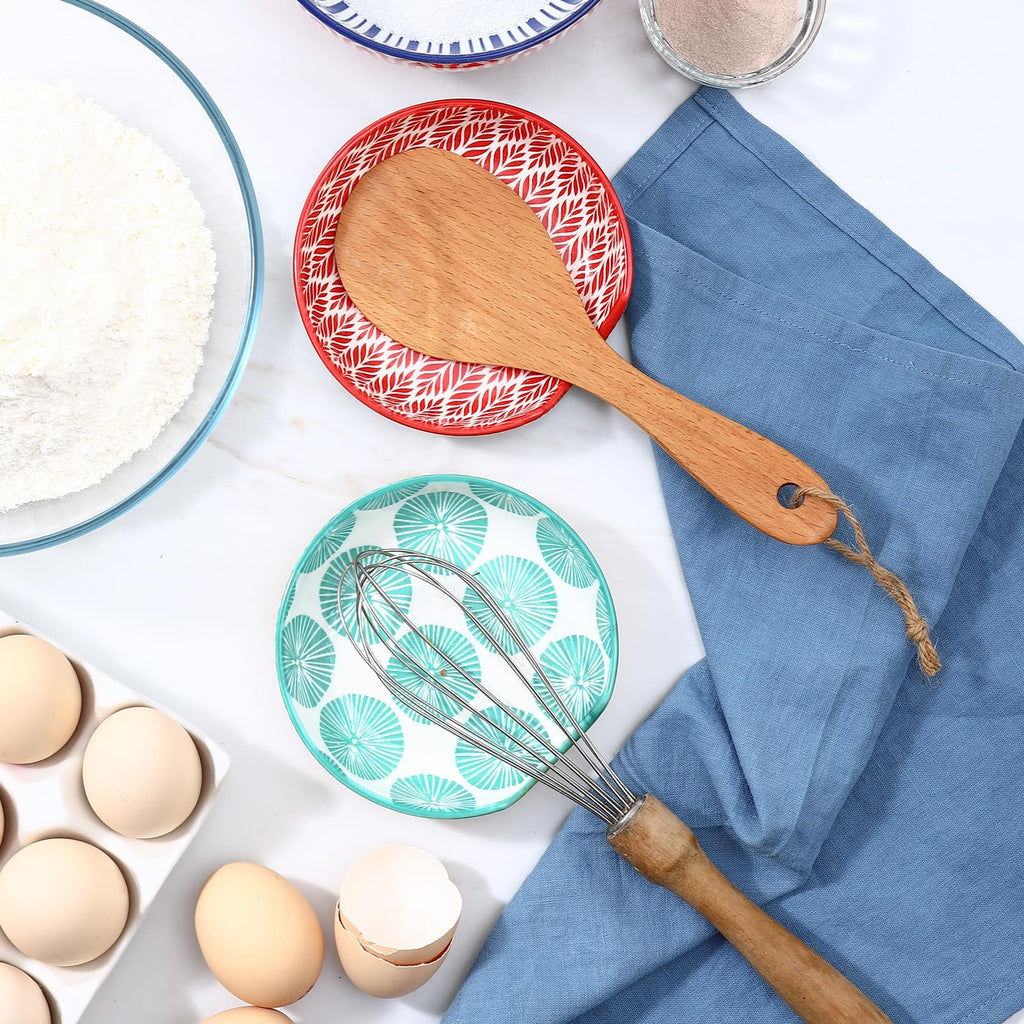 Selamica Ceramic Spoon Rest Set of 4 with Metal Holder – 4.8", Assorted Colors