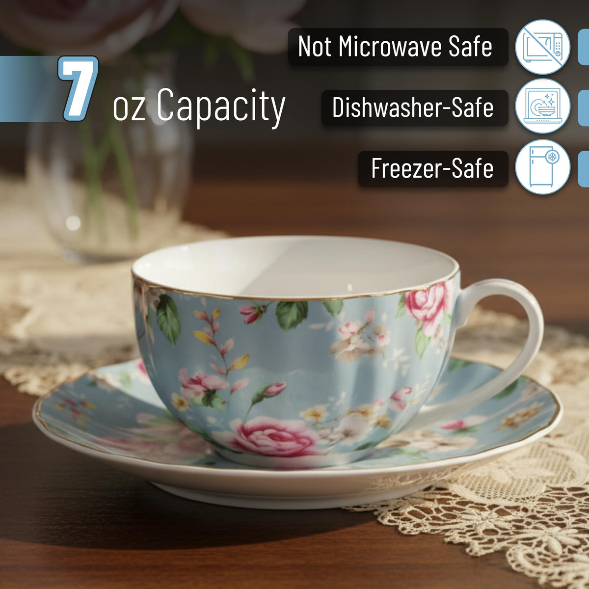 Floral Porcelain Tea Cups & Saucers Set of 6 – Midnight Blue