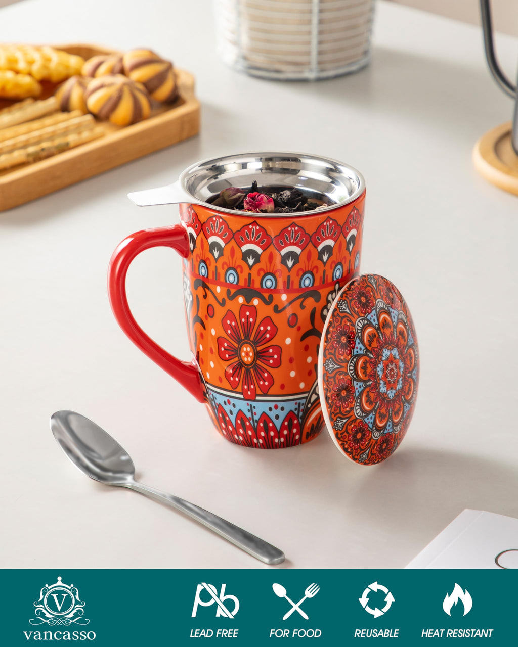Ceramic Tea Infuser Mug with Lid, 18 oz – Bohemian Forest Daisy Pattern, Microwave & Dishwasher Safe