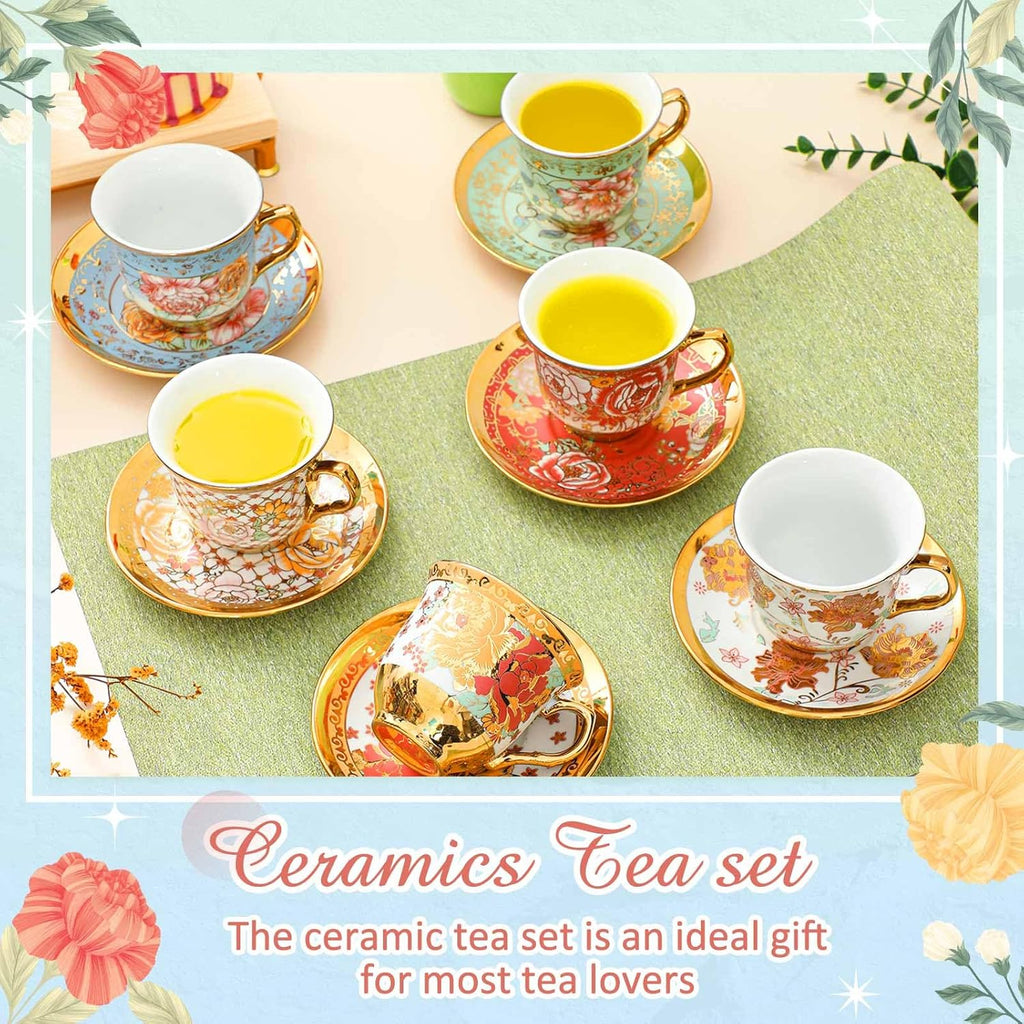 Floral Porcelain Tea Cups & Saucers Set of 18 – 6 Patterns, 5.4 oz