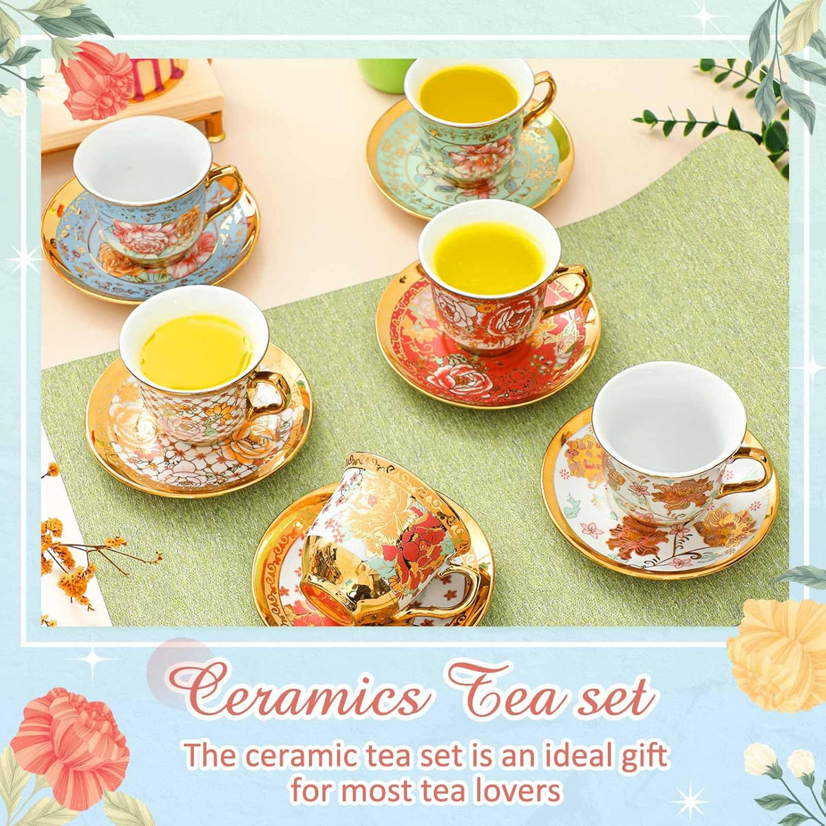 Floral Porcelain Tea Cups & Saucers Set of 18 – 6 Patterns, 5.4 oz