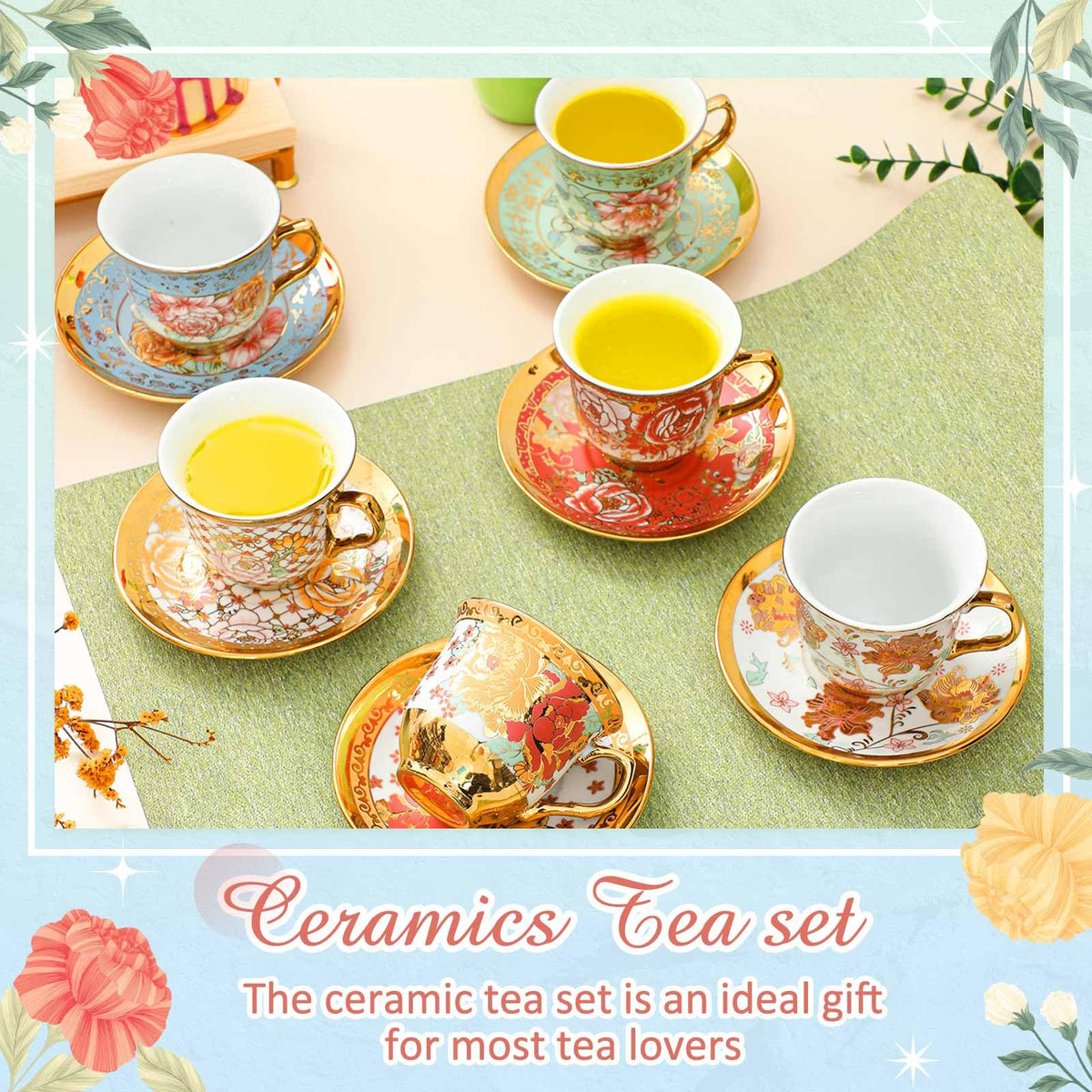 Floral Porcelain Tea Cups & Saucers Set of 18 – 6 Patterns, 5.4 oz