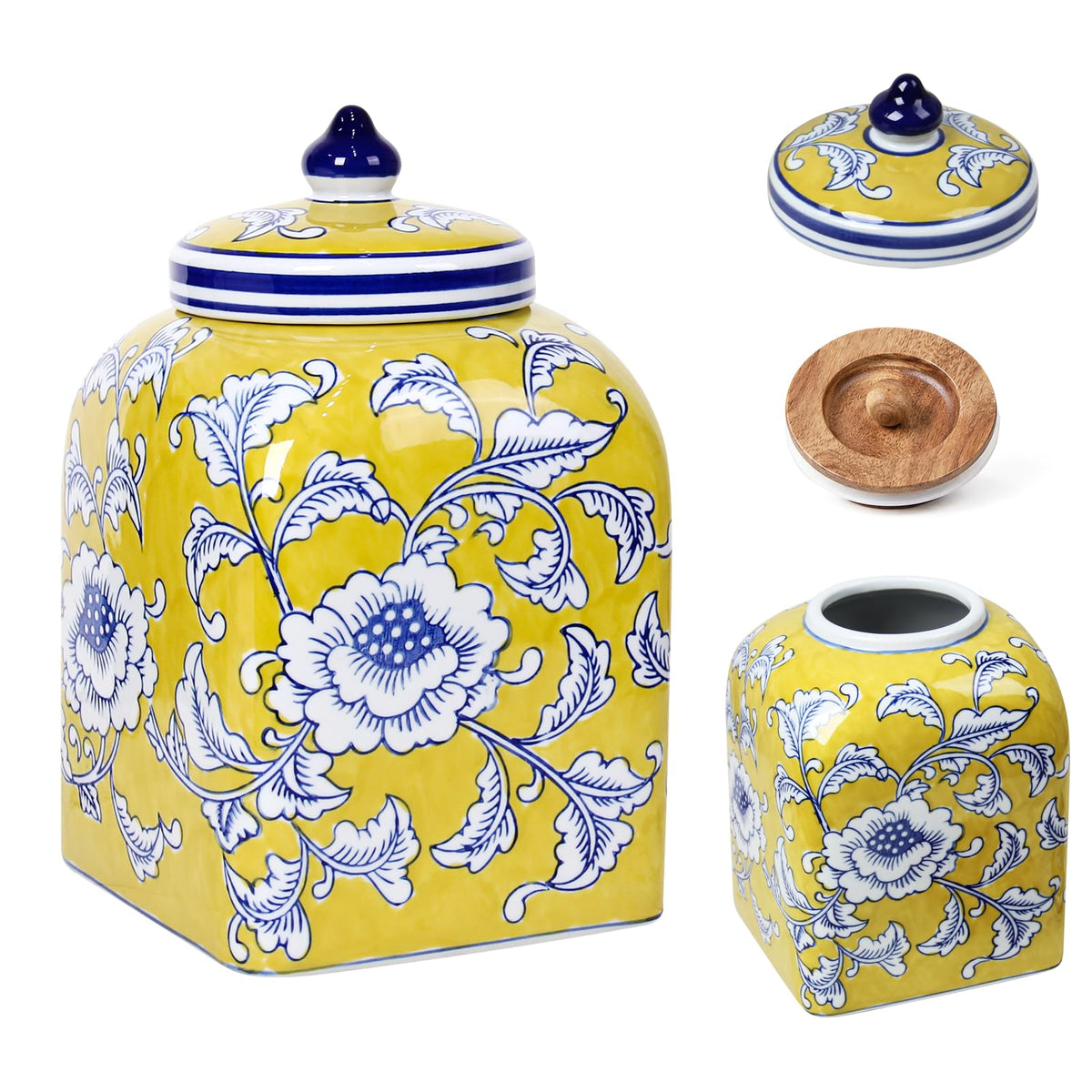 Ceramic Tea & Coffee Canister with Airtight Lid – 10" H, 121 fl oz, Green Peony Chinoiserie