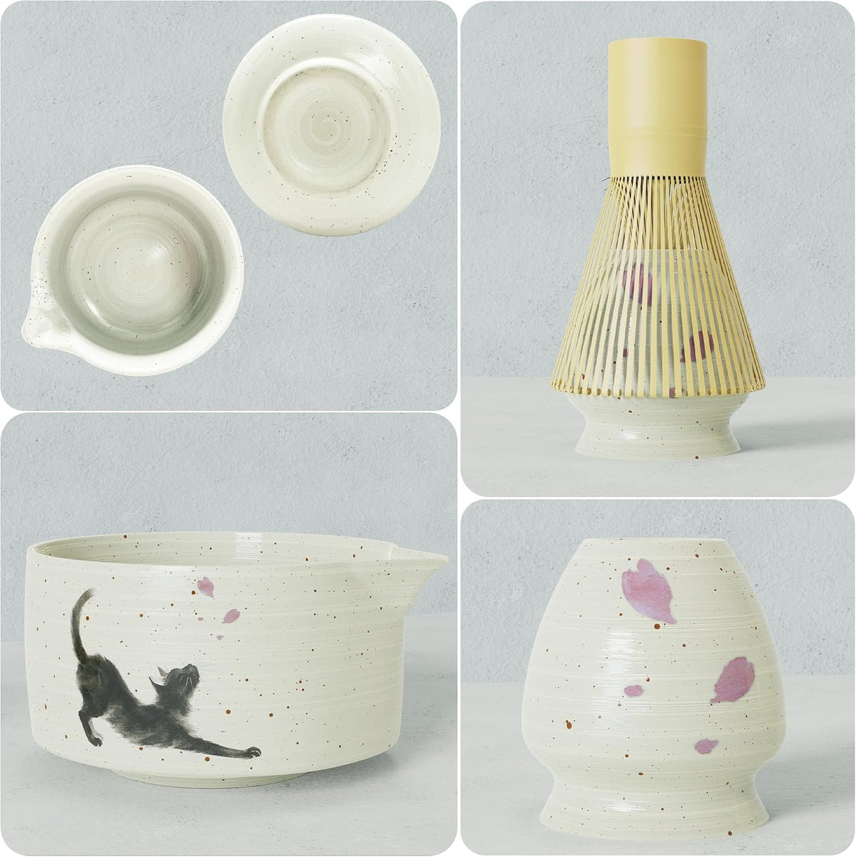 8-Piece Cat Print Matcha Set – Japanese Tea Ceremony Kit with Bamboo Accessories for Home Rituals