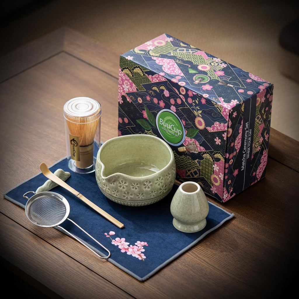 Buucup 7-Piece Green Ceramic Matcha Set – Bowl, Bamboo Whisk, Scoop, Holder, Rest, Sifter & Tea Towel