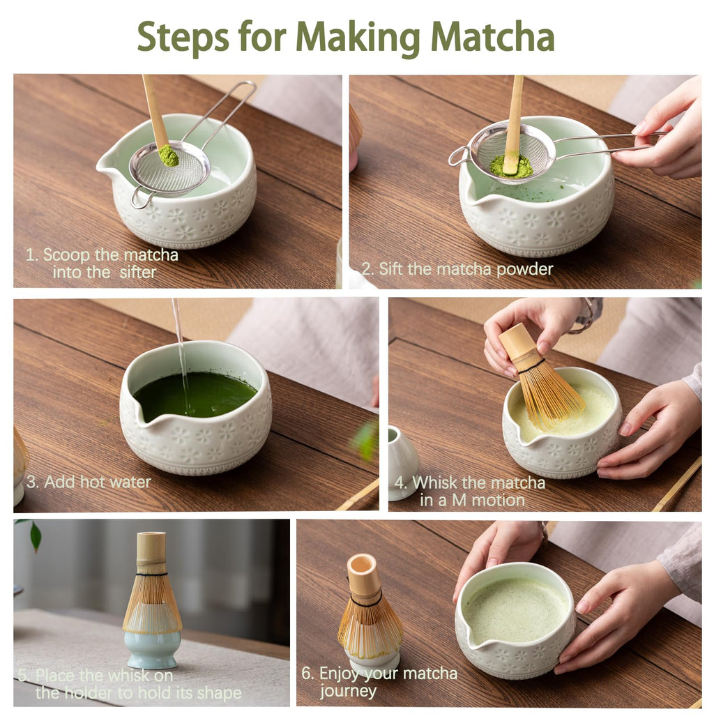Buucup 7-Piece Green Ceramic Matcha Set – Bowl, Bamboo Whisk, Scoop, Holder, Rest, Sifter & Tea Towel