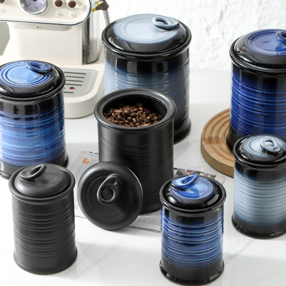 Nihow Blue Ceramic Canister Set of 4 – Airtight Lids, 13/22/47/74 oz, Dishwasher Safe