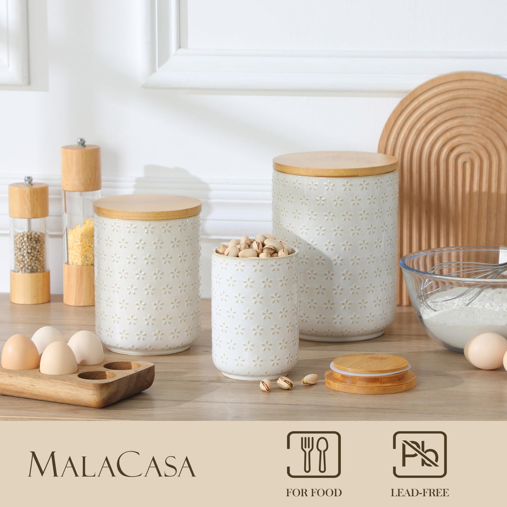 MALACASA LYDIA Ceramic Canister Set of 3 – Hexagon, Airtight Wooden Lids, 20/40/80 oz