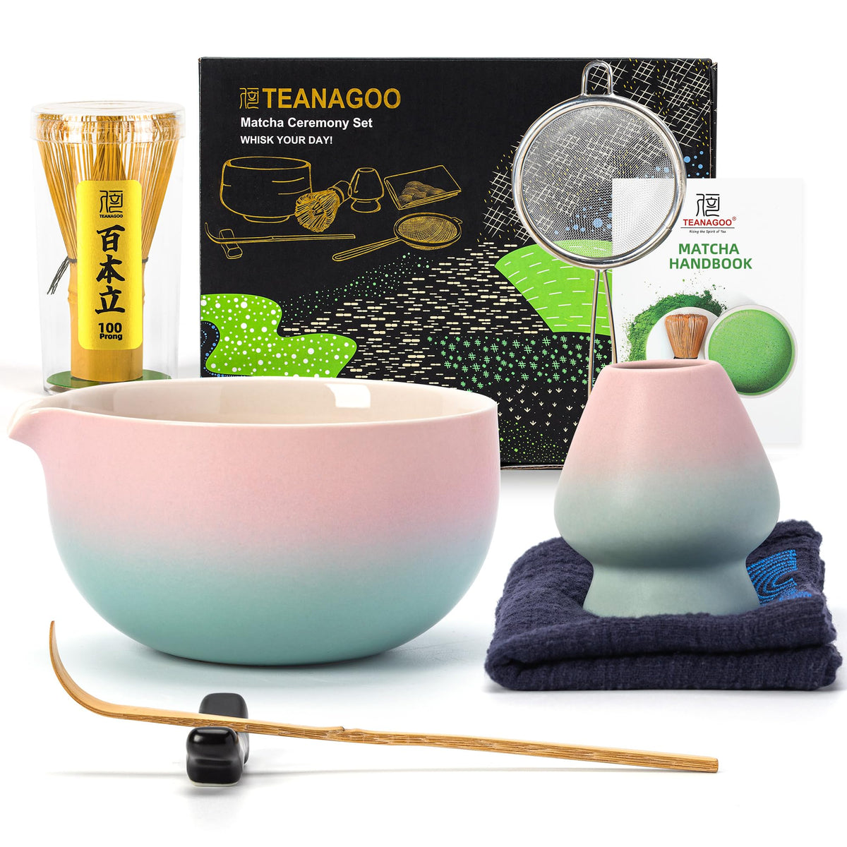 TEANAGOO 7-Piece Black Matcha Set – Ceramic Chawan, Whisk, Holder & Sifter for Ceremony & Latte