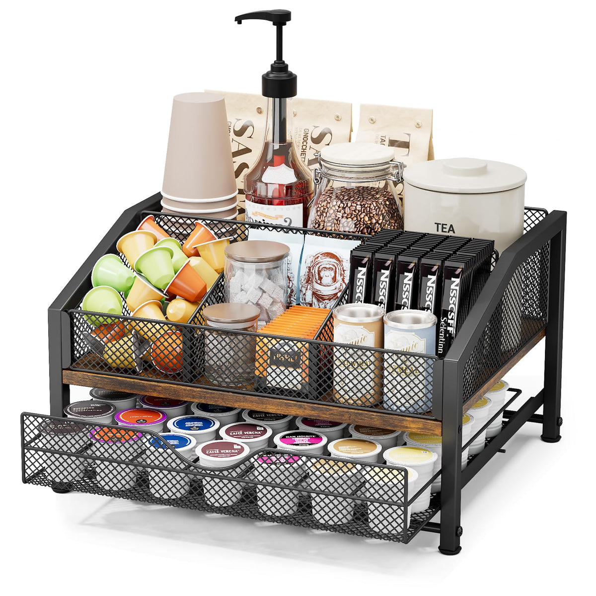 Homsorout Coffee Bar Organizer – Metal & Wood, Black and Brown