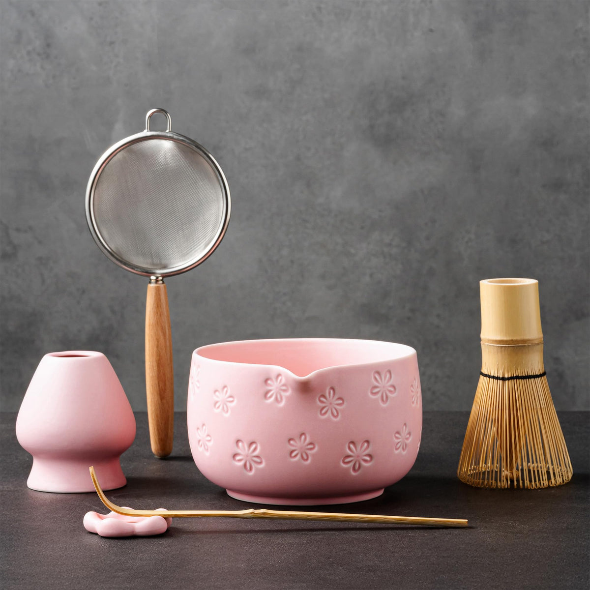 6-Piece Ceramic Matcha Set – Blue Cherry Blossom Bowl, 100-Prong Whisk, Scoop & Sifter