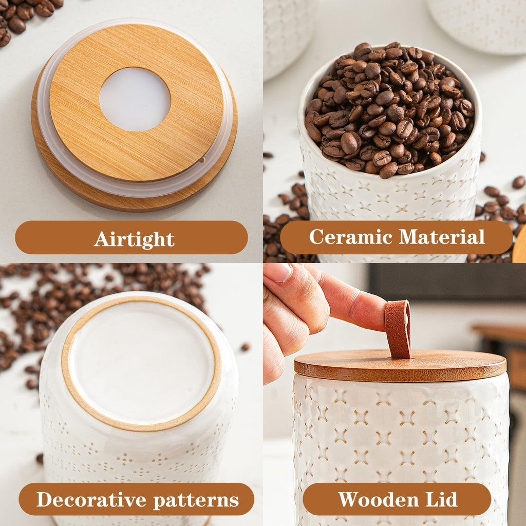JOJUNO Black Embossed Ceramic Canister Set of 3 – Airtight Bamboo Lids, 30/48/82 oz