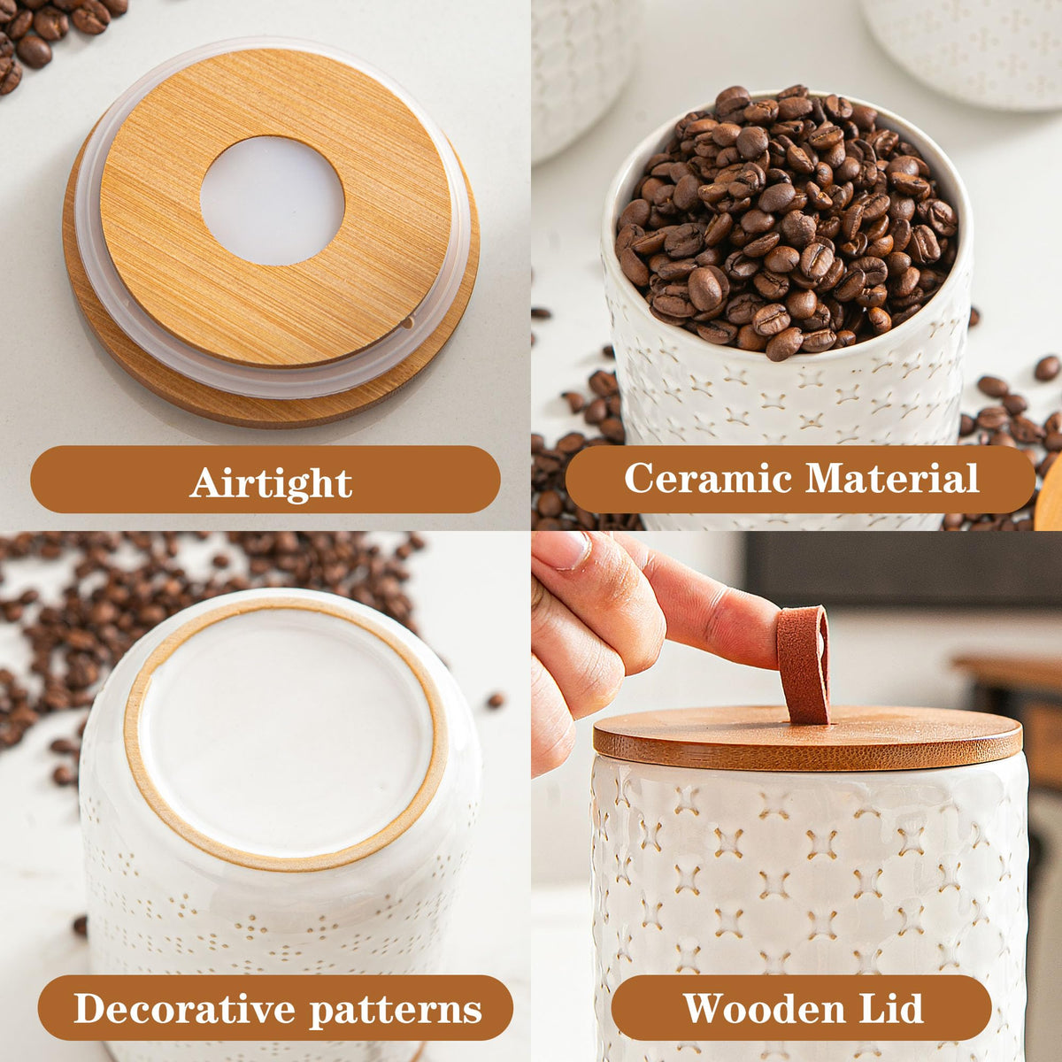 JOJUNO Black Embossed Ceramic Canister Set of 3 – Airtight Bamboo Lids, 30/48/82 oz