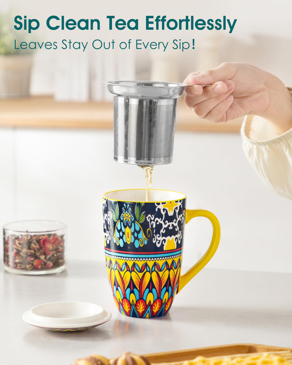 Ceramic Tea Infuser Mug with Lid, 18 oz – Bohemian Forest Daisy Pattern, Microwave & Dishwasher Safe