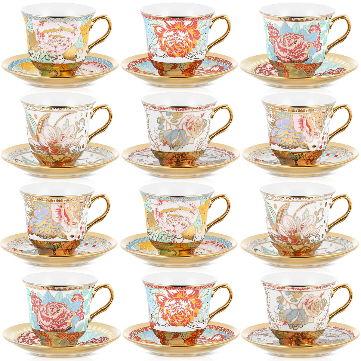 Floral Porcelain Tea Cups & Saucers Set of 18 – 6 Patterns, 5.4 oz