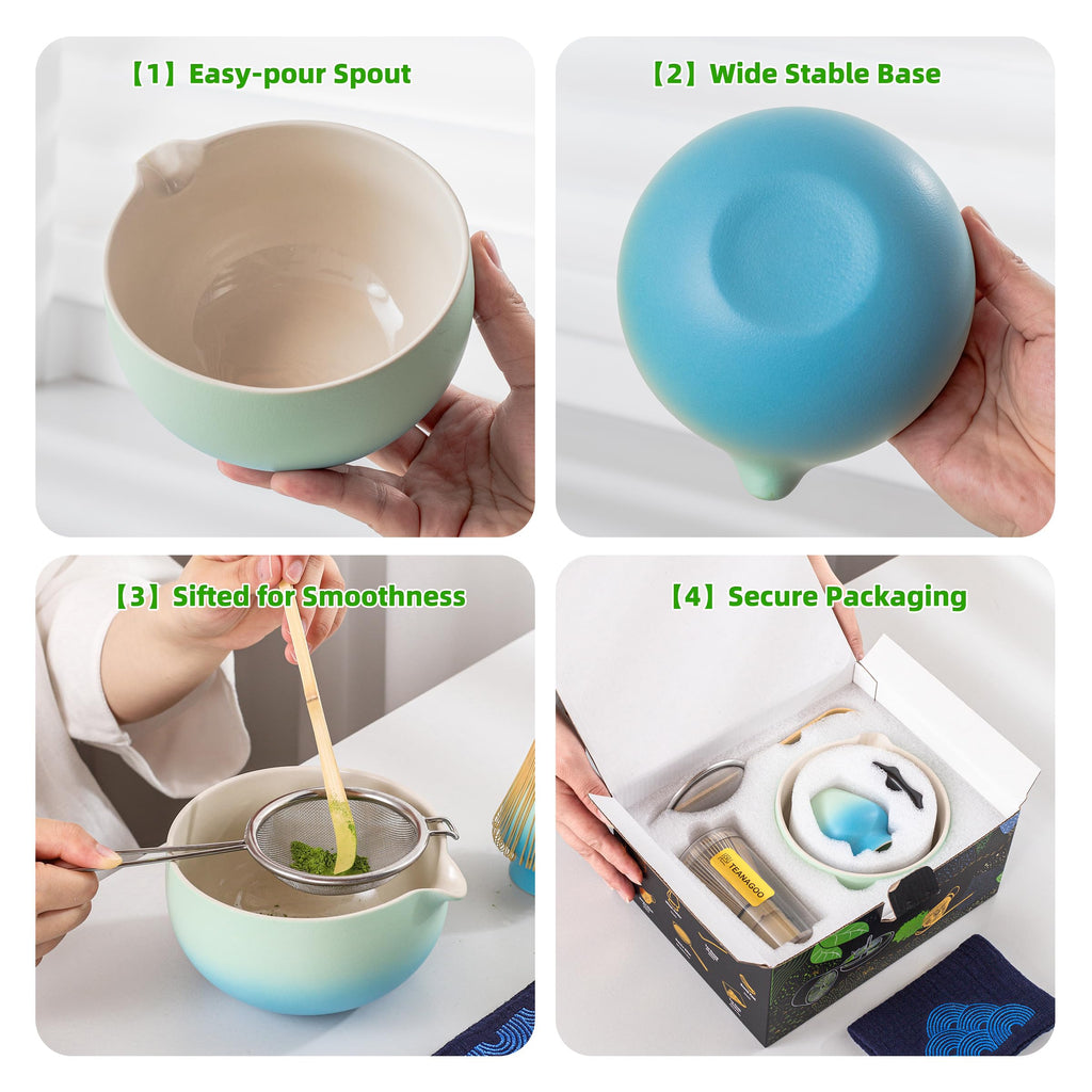 TEANAGOO 7-Piece Black Matcha Set – Ceramic Chawan, Whisk, Holder & Sifter for Ceremony & Latte