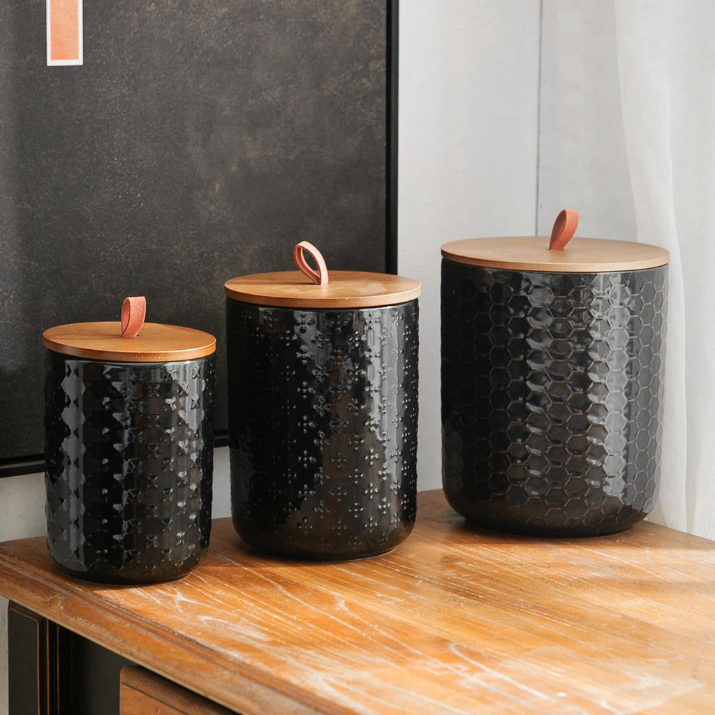 JOJUNO Black Embossed Ceramic Canister Set of 3 – Airtight Bamboo Lids, 30/48/82 oz