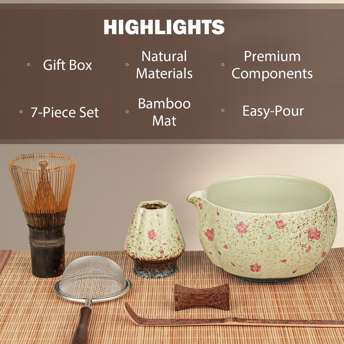 7-Piece Matcha Set – Floral Bowl & Purple Bamboo Whisk