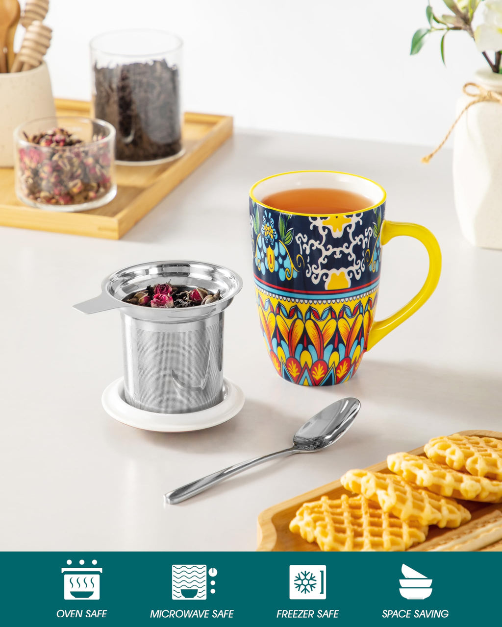 Ceramic Tea Infuser Mug with Lid, 18 oz – Bohemian Forest Daisy Pattern, Microwave & Dishwasher Safe