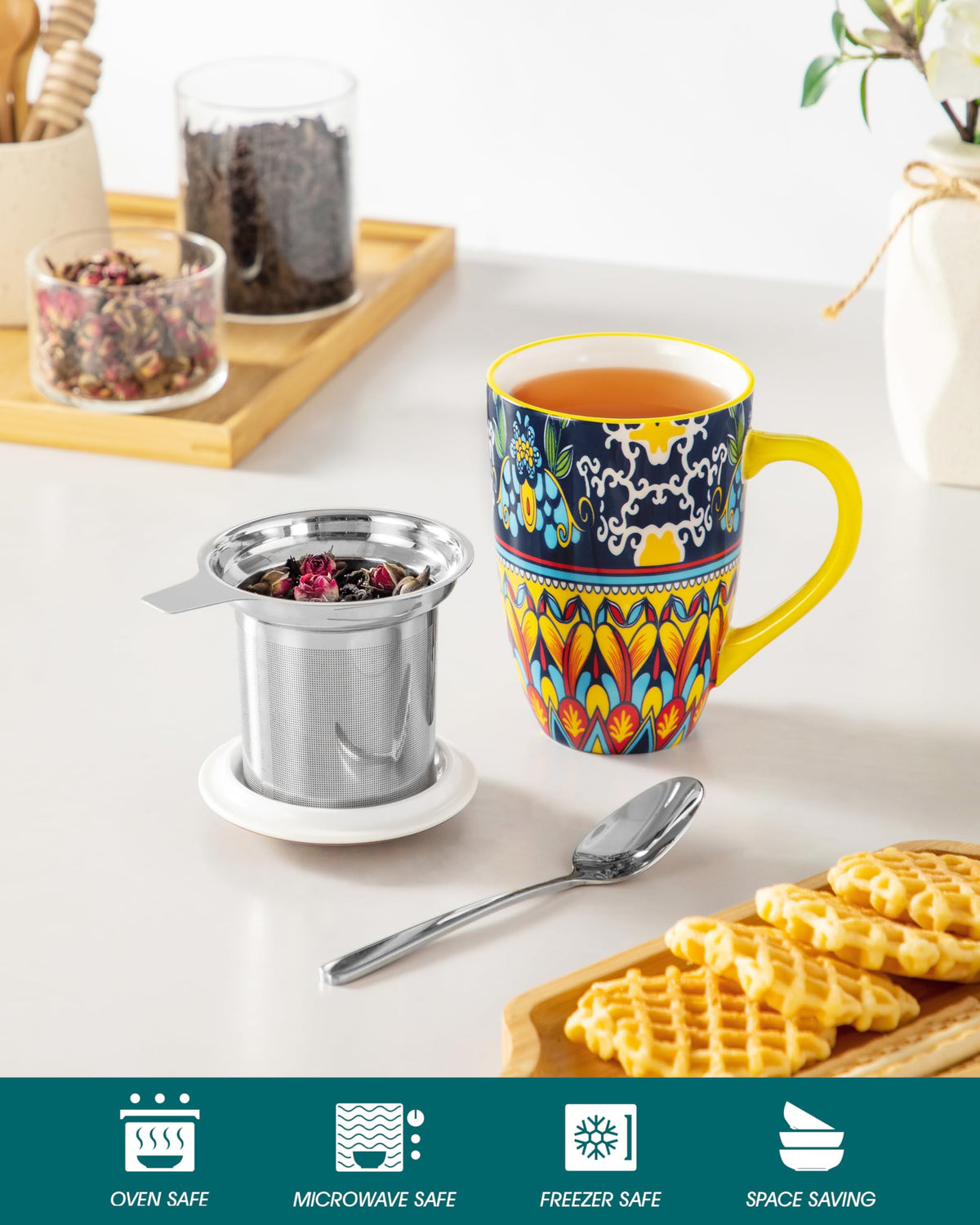 Ceramic Tea Infuser Mug with Lid, 18 oz – Bohemian Forest Daisy Pattern, Microwave & Dishwasher Safe
