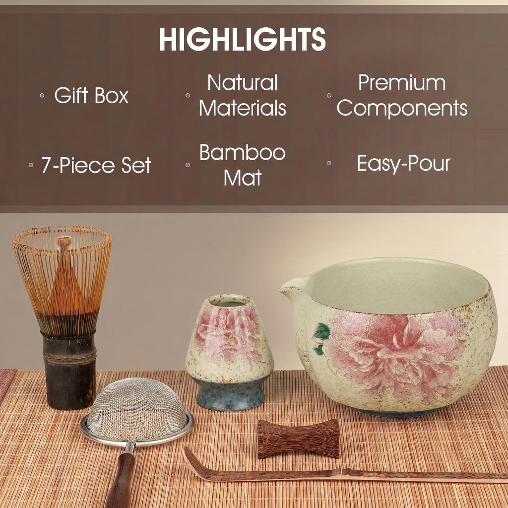 7-Piece Matcha Set – Floral Bowl & Purple Bamboo Whisk