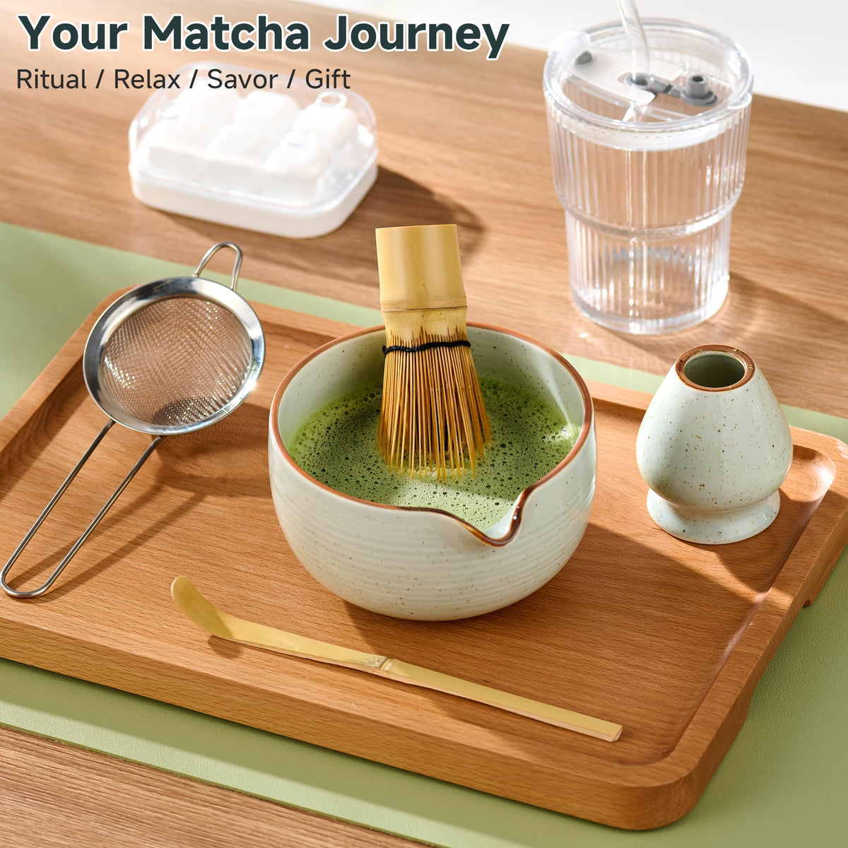 ComboJoy Complete Matcha Kit – Bowl, Whisk, Glass Cup with Straw & Ice Cube Tray for Hot & Iced Matcha