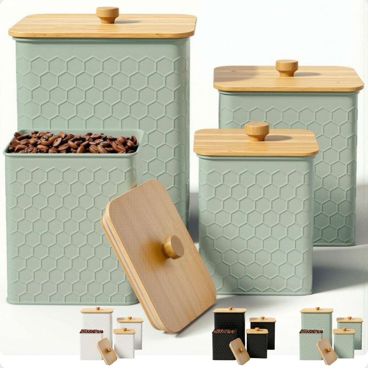 Honeycomb Metal Kitchen Canister Set of 4 – Airtight Bamboo Lids, Matte Black, 1.25–6.5 qt