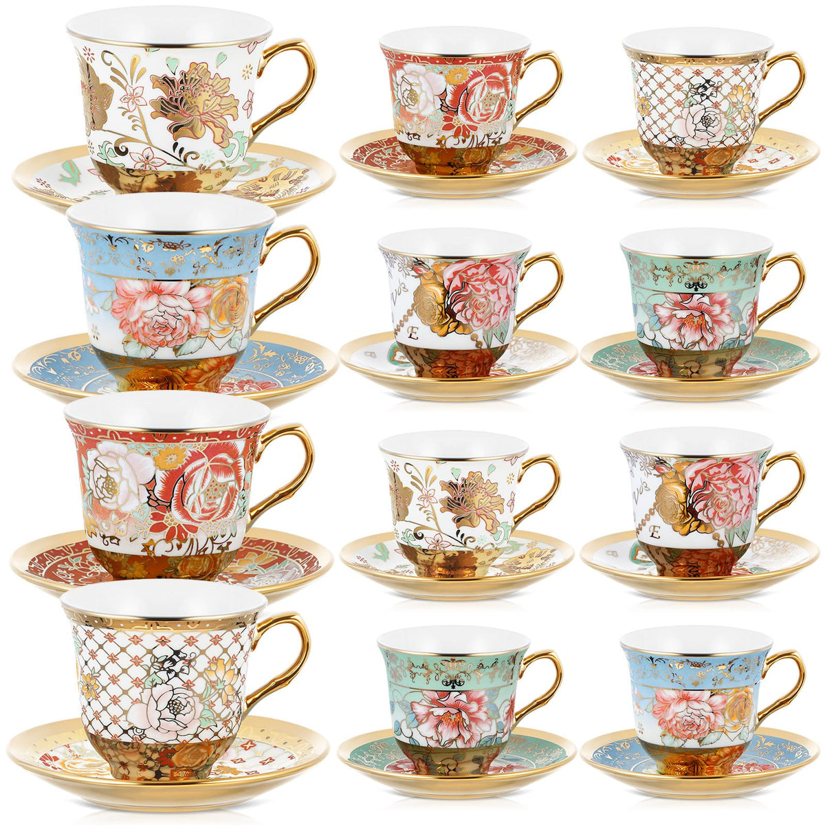 Floral Porcelain Tea Cups & Saucers Set of 18 – 6 Patterns, 5.4 oz