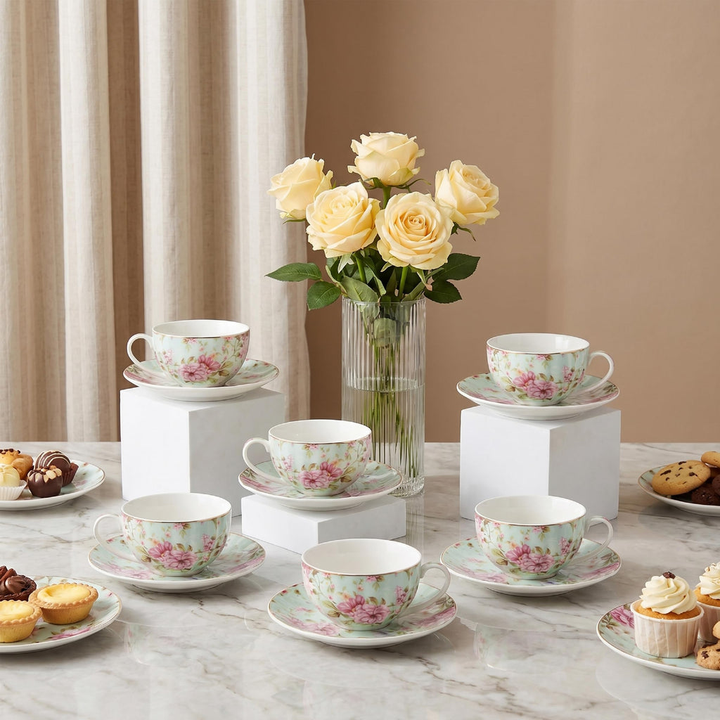 Floral Porcelain Tea Cups & Saucers Set of 6 – Midnight Blue