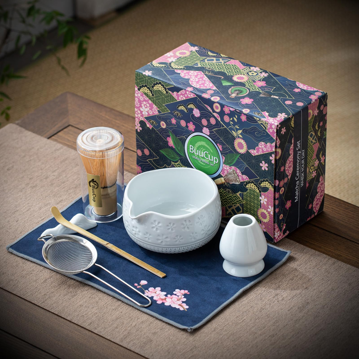 Buucup 7-Piece Green Ceramic Matcha Set – Bowl, Bamboo Whisk, Scoop, Holder, Rest, Sifter & Tea Towel